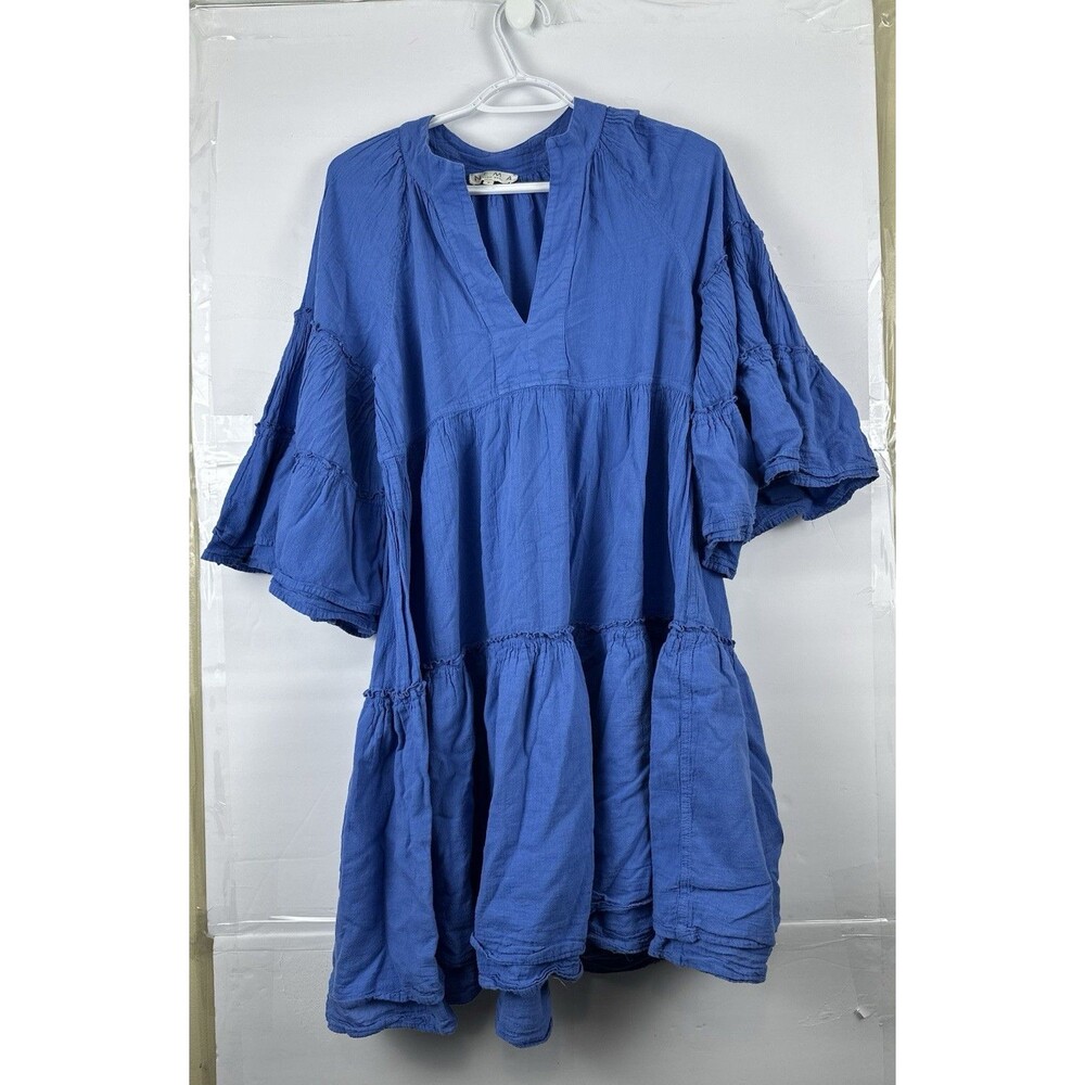 NEMA Resort Wear Women's Blue Tiered Ruffle Sleeve Dress Size S V-Neck